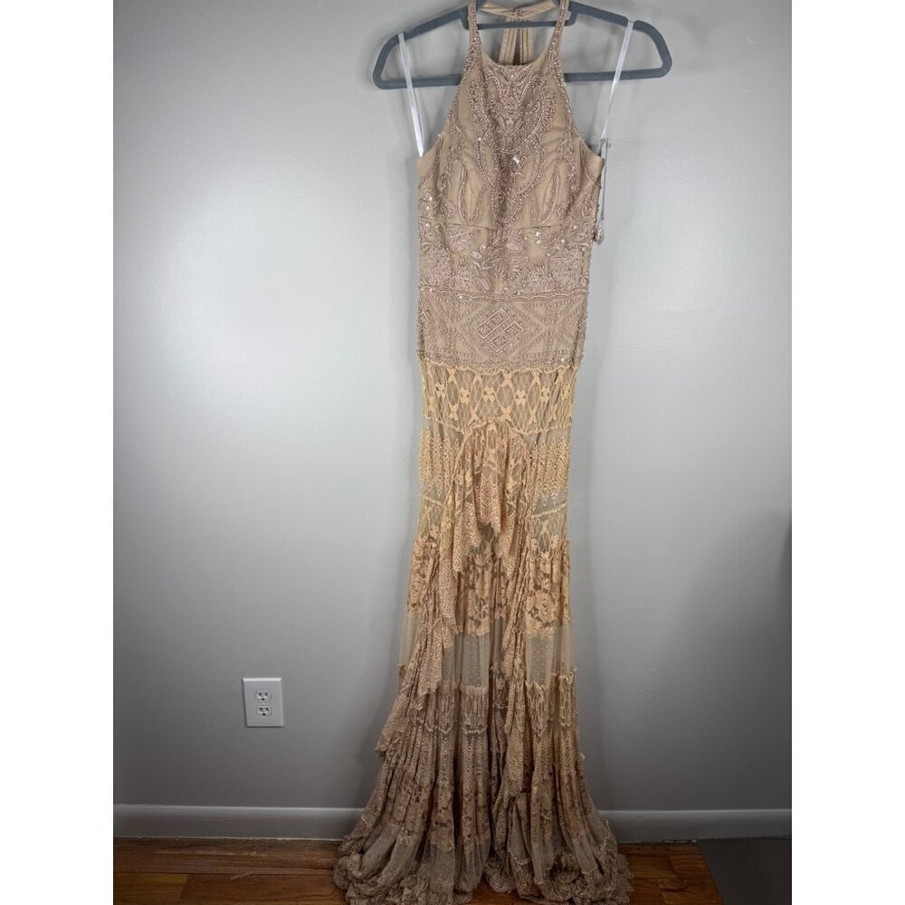 NWT Sherri Hill 52663 Lace halter Neck Maxi Dress High-low Sheer Skirt Size 0 - Picture 4 of 11